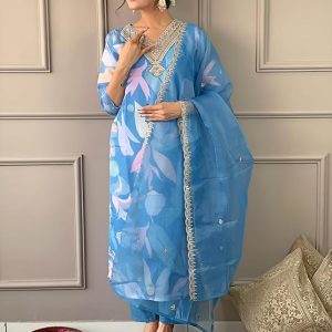 Women’s Sky Organza with Cotton Lining Embroidered and Printed Straight Kurta with Rayon Pant and Organza Laced Dupatta Sets - Image 4