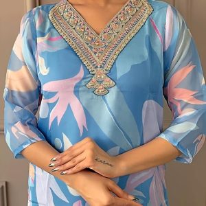 Women’s Sky Organza with Cotton Lining Embroidered and Printed Straight Kurta with Rayon Pant and Organza Laced Dupatta Sets - Image 3
