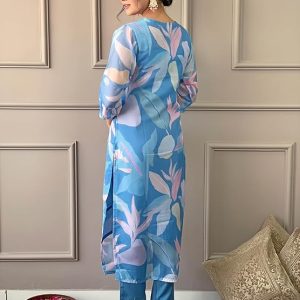 Women’s Sky Organza with Cotton Lining Embroidered and Printed Straight Kurta with Rayon Pant and Organza Laced Dupatta Sets - Image 2